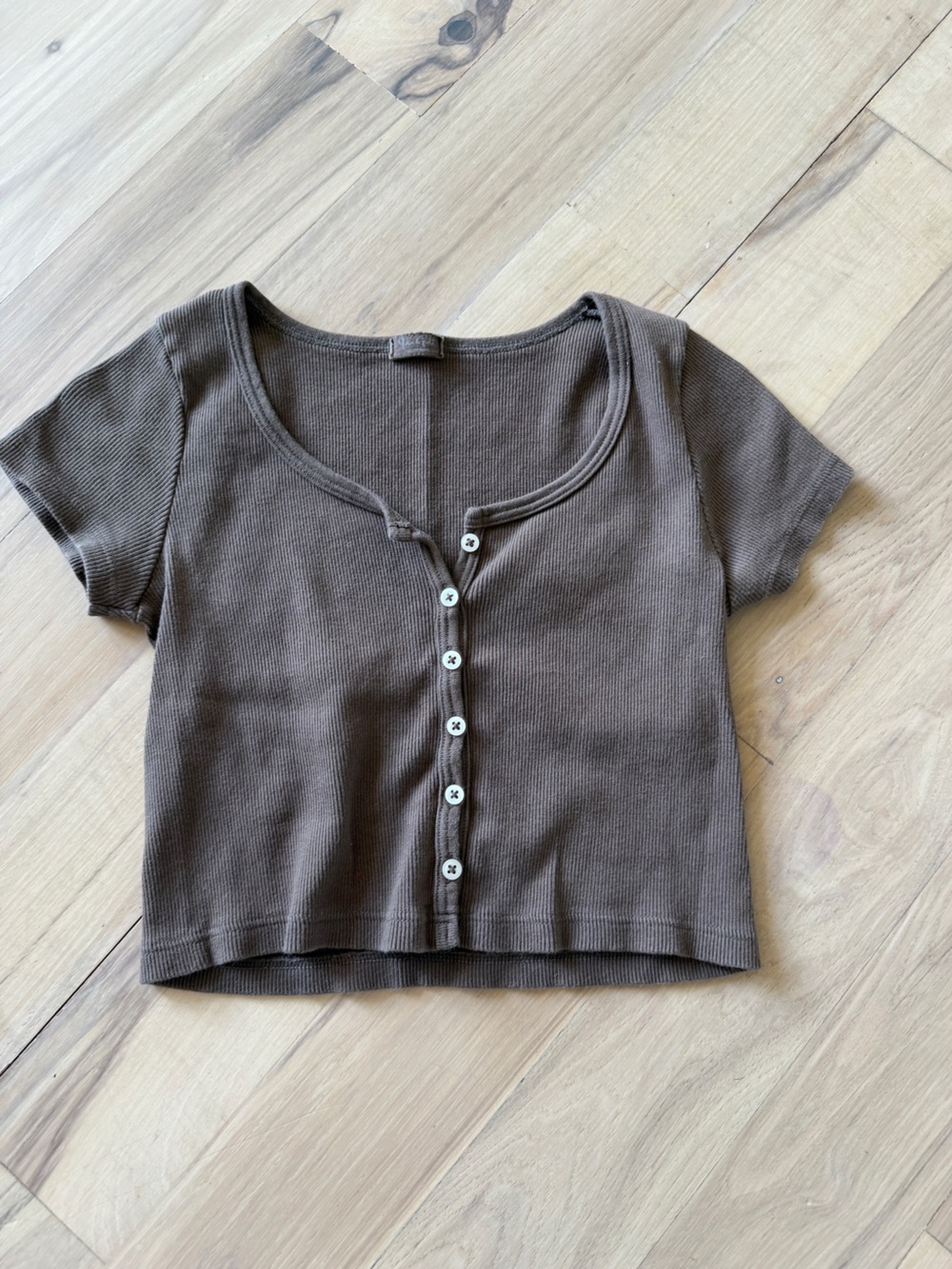 Brandy Melville Brown Ribbed Button-Front Crop Top